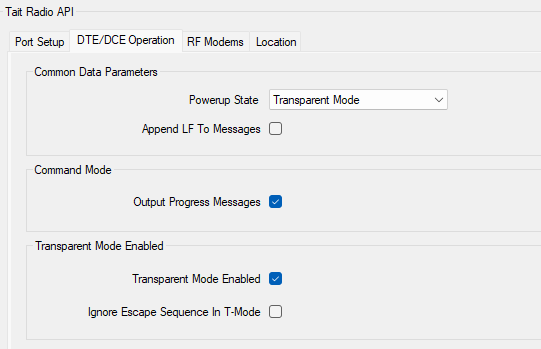 Tait programming application, Tait Radio API, DTE/DCE Operation tab: Powerup State Transparent Mode; Append LF To Messages off; Output Progress Messages on; Transparent Mode Enabled on; Ignore Escape Sequence In T-Mode off.